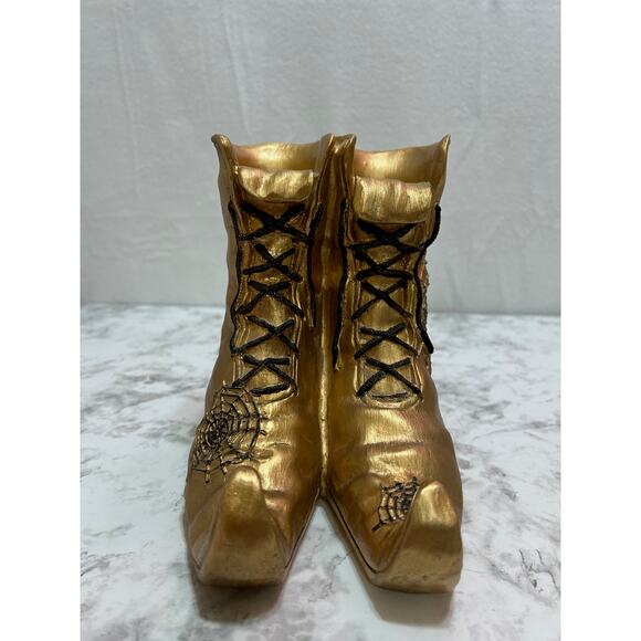 Witchy Centerpiece Halloween 7.5" Gold Boots Decor Laces Spiderwebs Whimsical - Picture 3 of 8